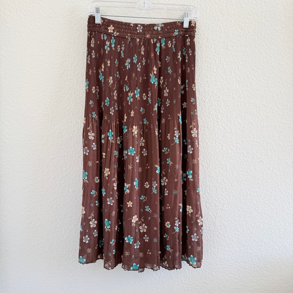 No Brand Dresses & Skirts - Brown Floral Micro Pleated Tiered Midi Skirt Turquoise Flowers Lettuce Hem